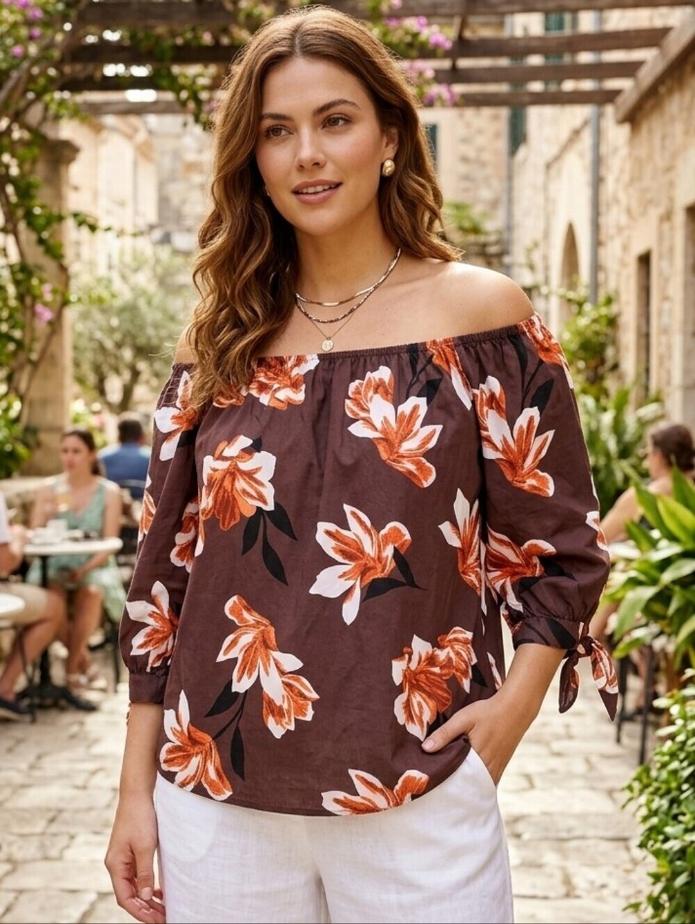 RW&CO Women's Feminine Resort Brown Floral Off The Shoulder Blouse Size Small